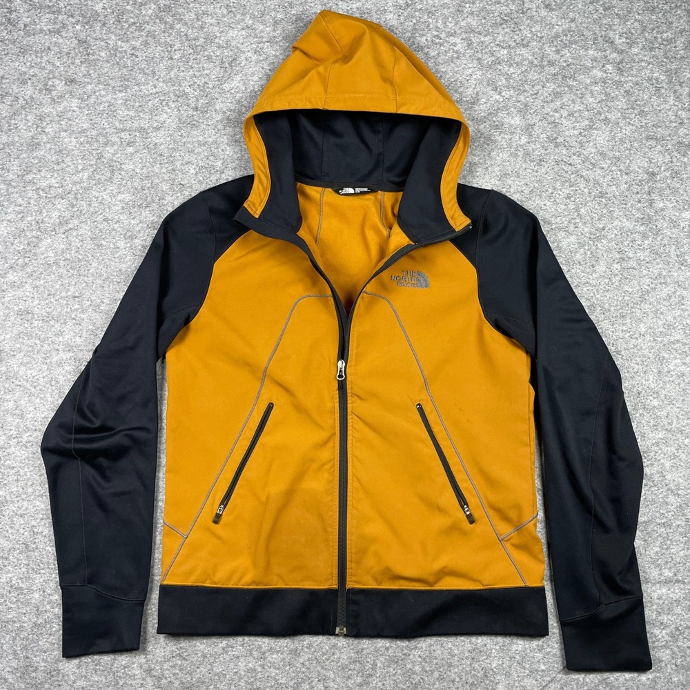 The North Face Hooded Jacket Mens M Orange Black Full Zip Fleece Lined Softshell